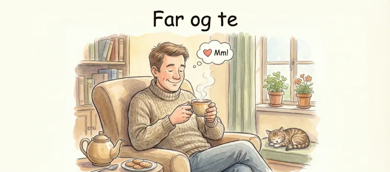 En mand sidder i en lænestol med en kop te. En kat sover i vinduet.
