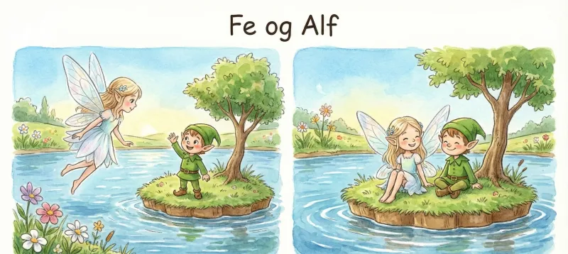 En fe flyver hen mod en lille ø, hvor en alf står under et træ.