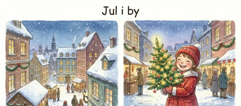 En pige med rød hue holder et juletræ på et snedækket torv.