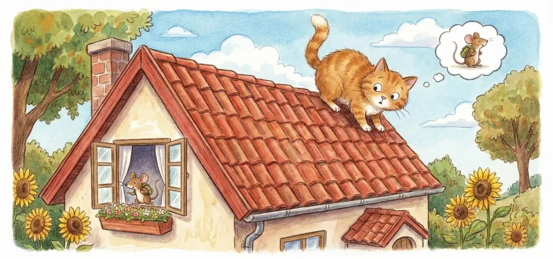 Drawing of a cat on a roof looking down at a mouse in the window