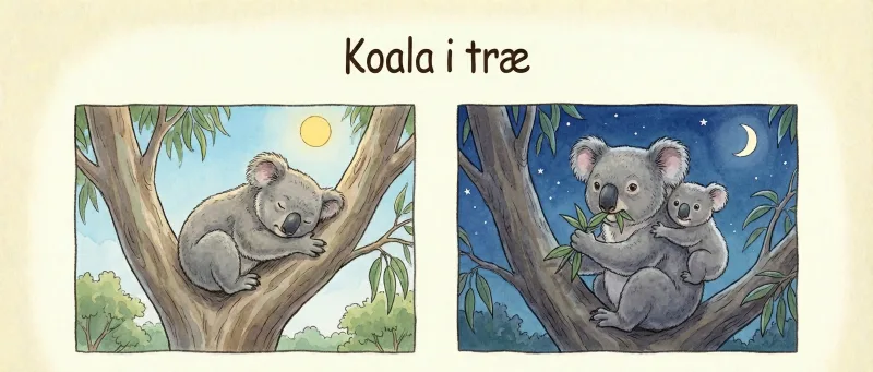 En koala sover i et træ om dagen. Om natten sidder en koalaunge hos sin mor.