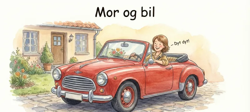 En kvinde sidder i en rød åben bil foran et hus.