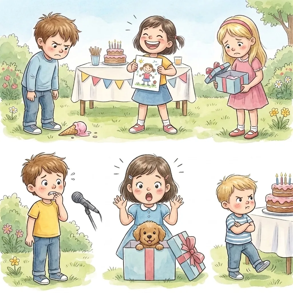 Children at a birthday party in a garden. Each child feels something different.