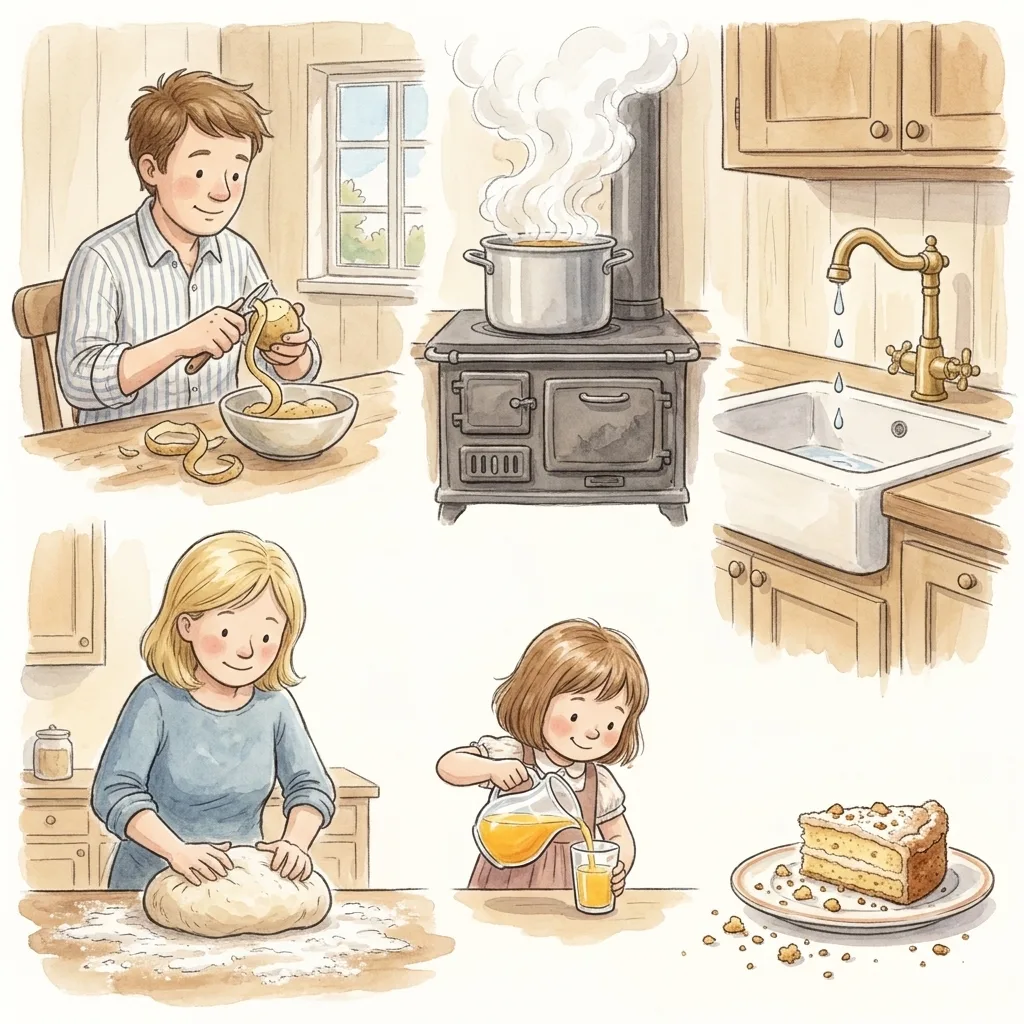 Et køkken, hvor en familie laver mad sammen.