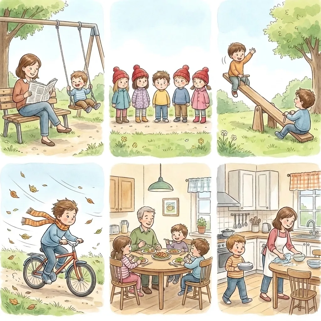 A family through one day, shown in six small pictures.