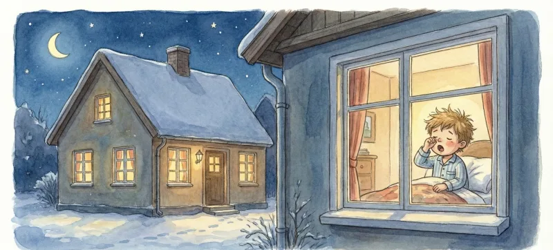 Et hus i mørket med lys i vinduerne. En dreng gaber i sin seng.